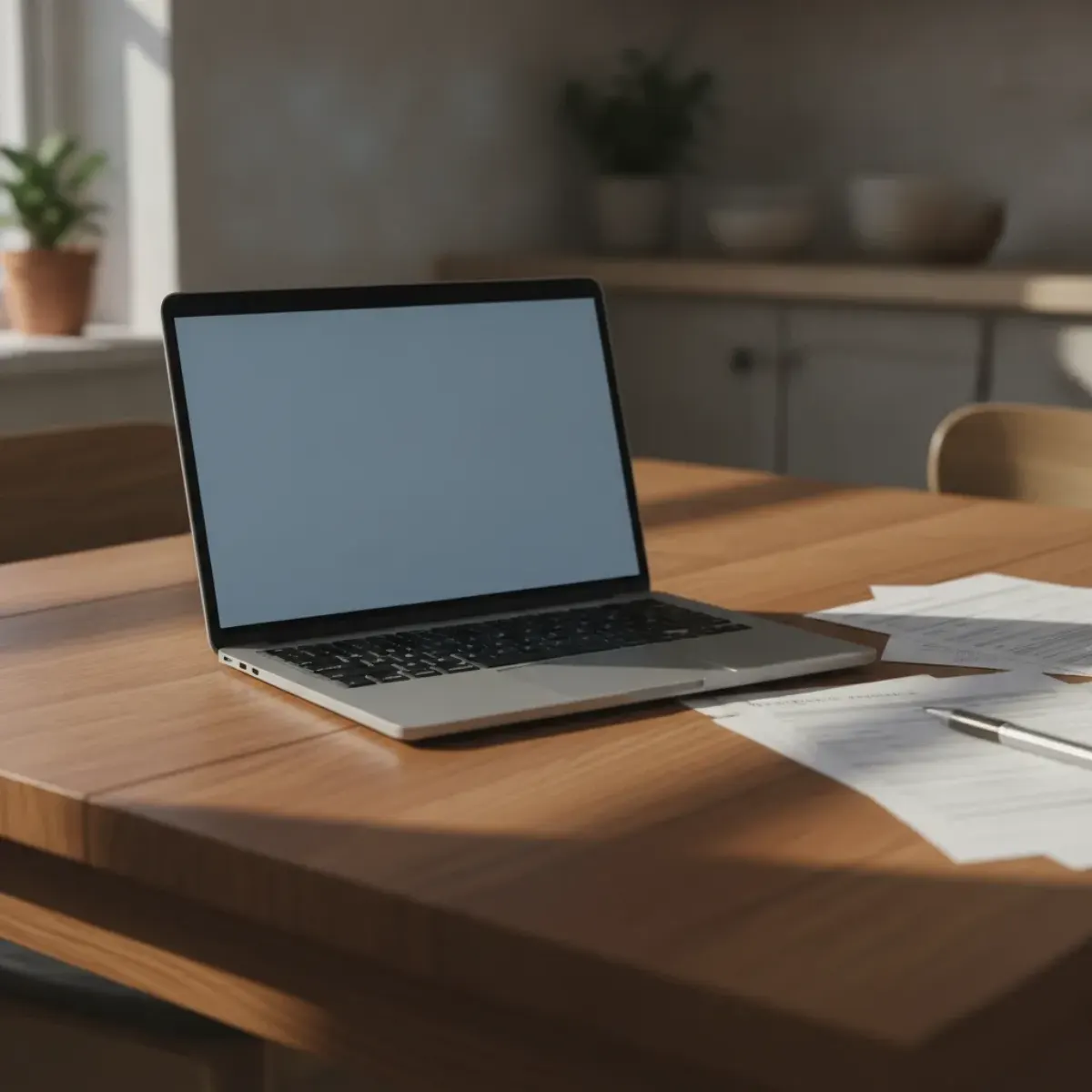 Ordinateur portable ouvert sur un bureau à côté d'un formulaire fiscal imprimé, d'un stylo et d'une tasse de café