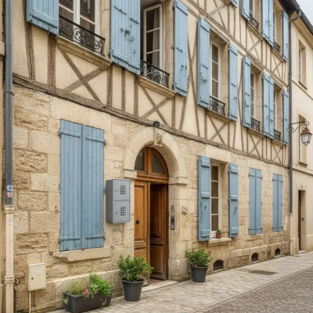 Façades d'immeubles anciens d'une rue piétonne avec des boîtes à clés fixées près des portes d'entrée