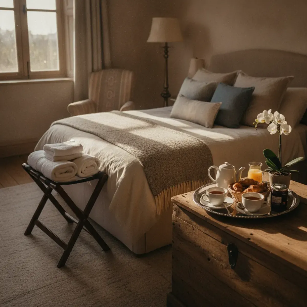 Chambre d'hôtes lumineuse avec un lit double fait de linge blanc, des serviettes pliées et un plateau de petit-déjeuner sur une commode